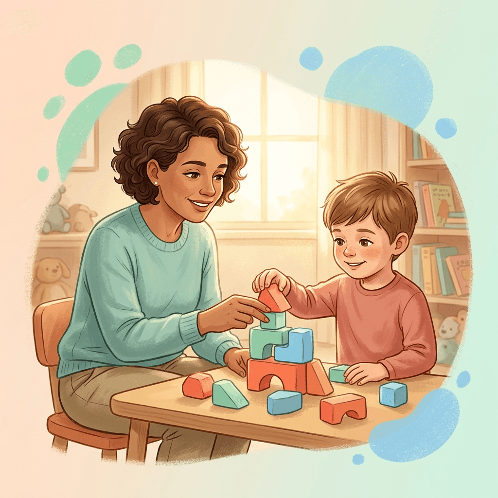 Criança e terapeuta usando blocos coloridos em cena acolhedora que representa avanços na terapia ABA para autismo com cores quentes e suaves.