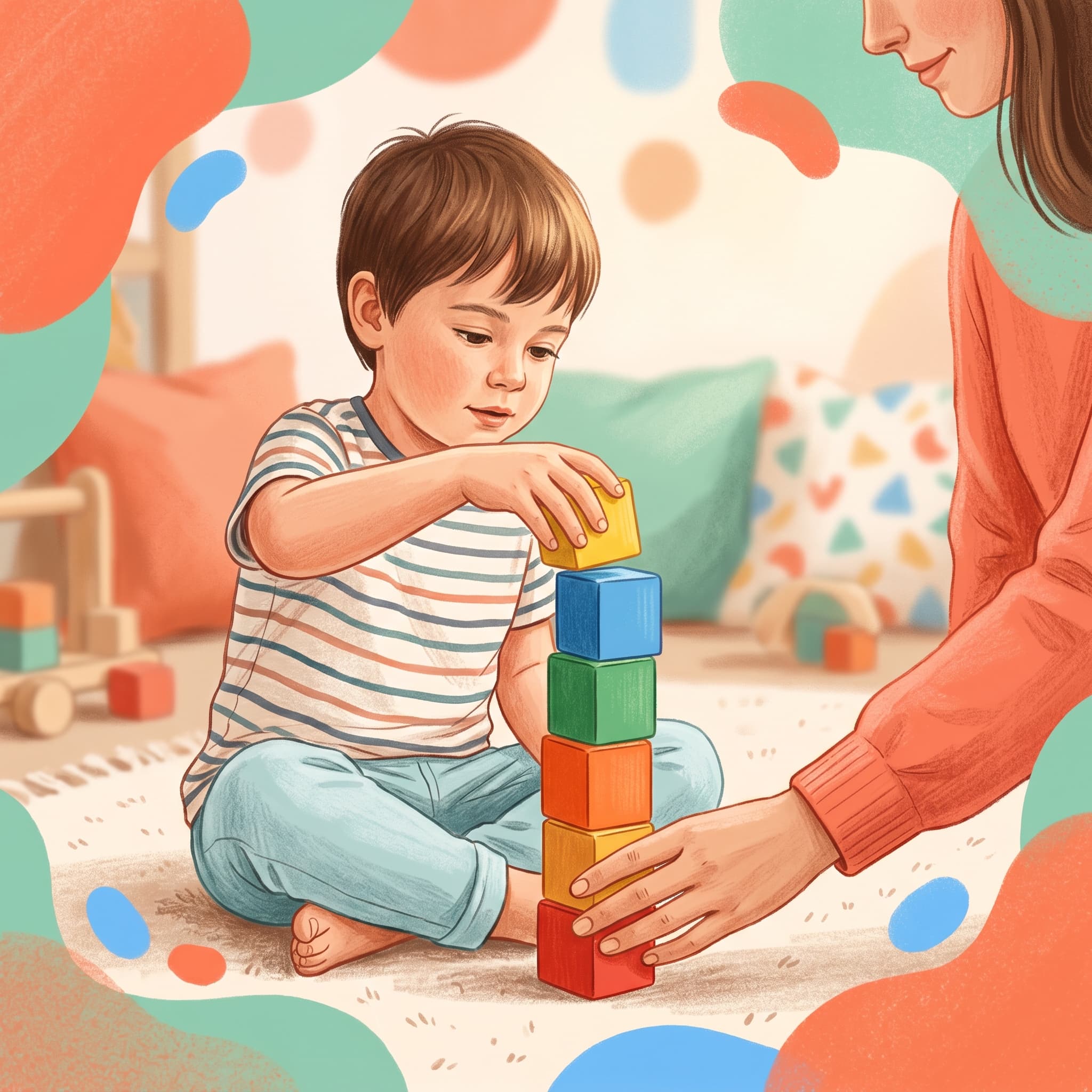Mãos de adulto e criança empilhando blocos coloridos em cena acolhedora que representa colaboração e aprendizado em terapia ABA.