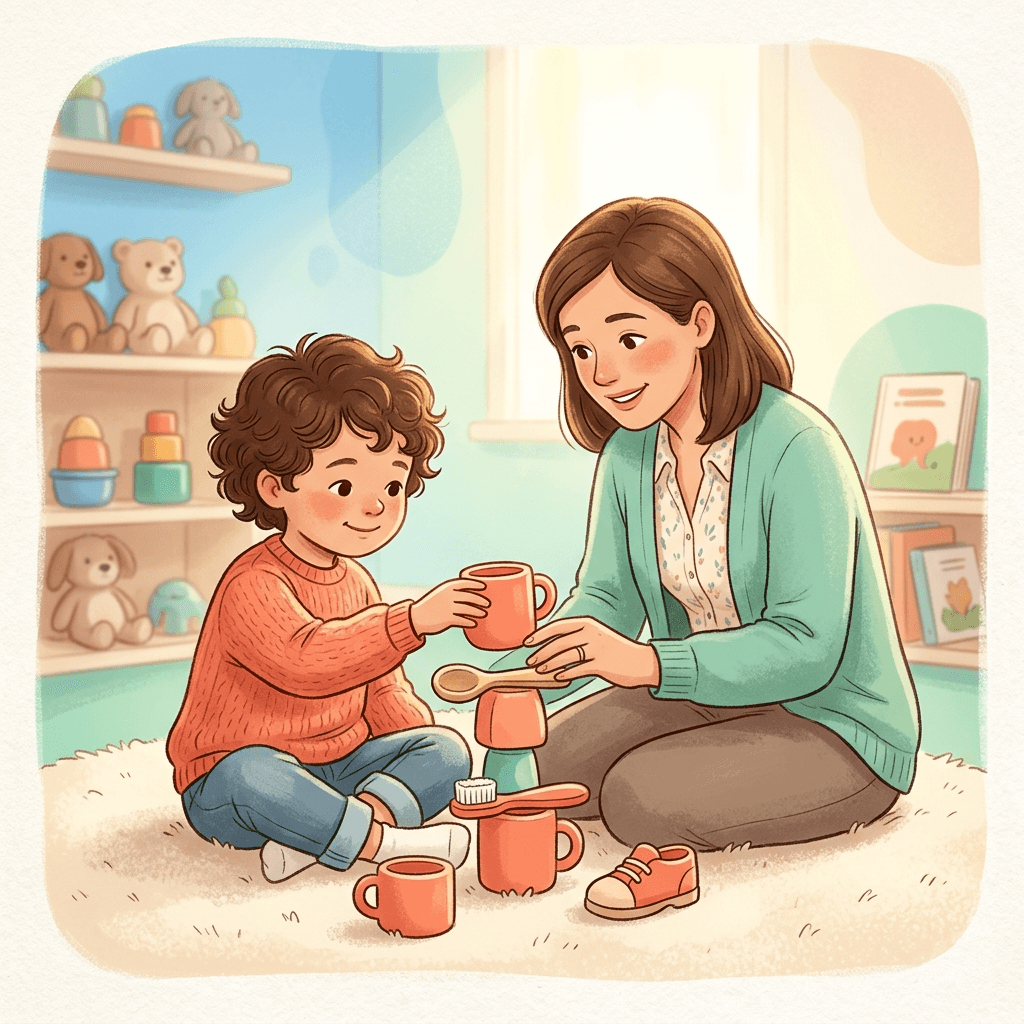 Criança e terapeuta praticando habilidades diárias com blocos coloridos em ambiente acolhedor e lúdico, representando terapia ABA para TEA.