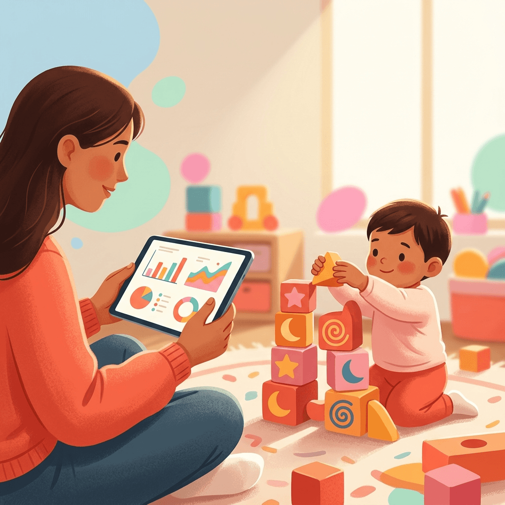 Cuidador e criança realizando coleta de dados em casa com tablet e blocos educativos coloridos em ambiente acolhedor para tele-ABA.