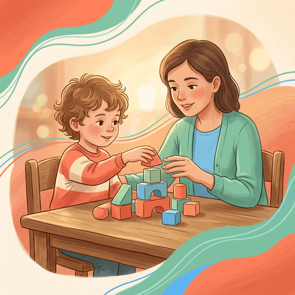 Criança e terapeuta interagem acolhedoramente com blocos coloridos ilustrando desvanecimento de prompts em terapia ABA.