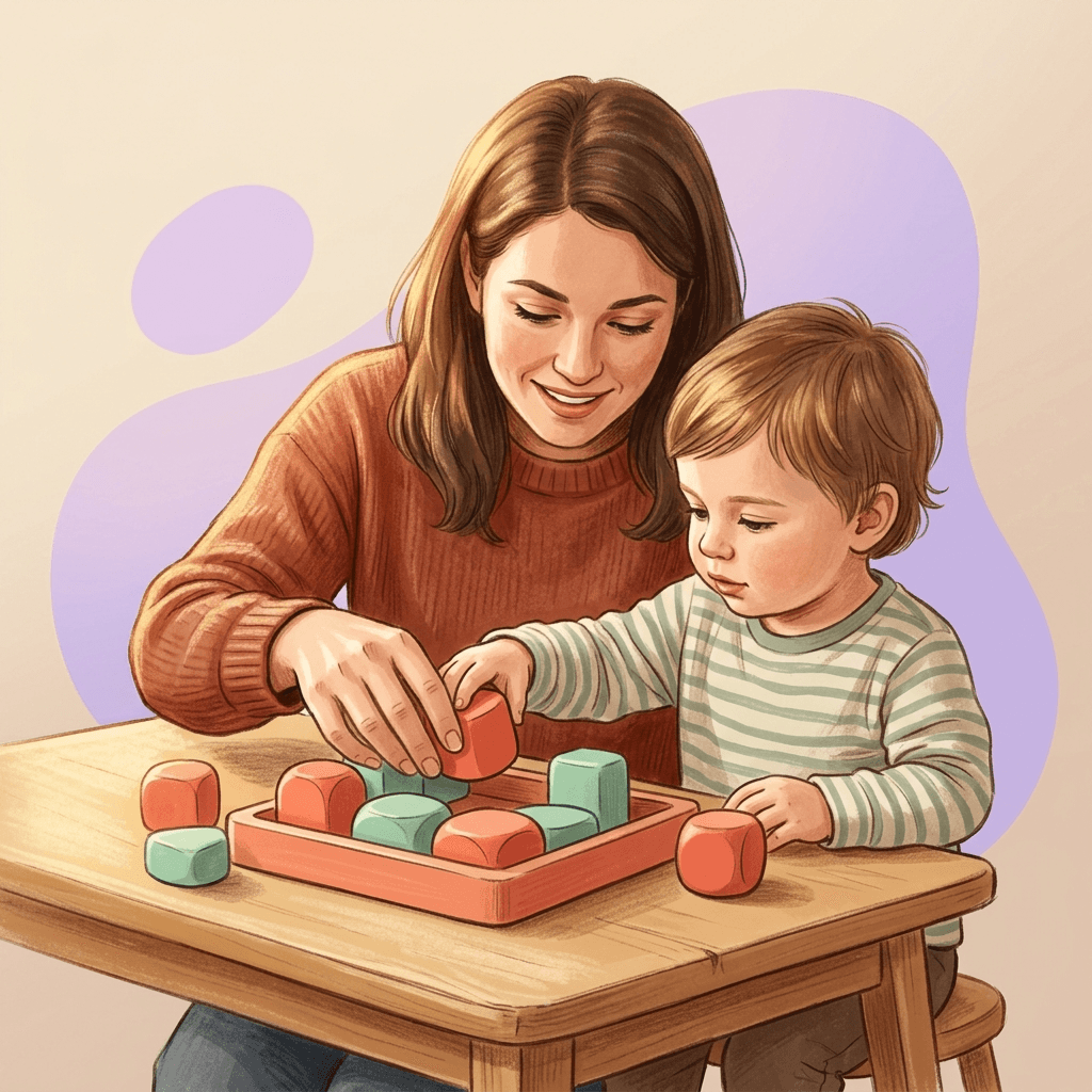Cuidador e criança interagindo com blocos educativos coloridos em ambiente acolhedor, representando aprendizagem e conexão na terapia ABA para autismo