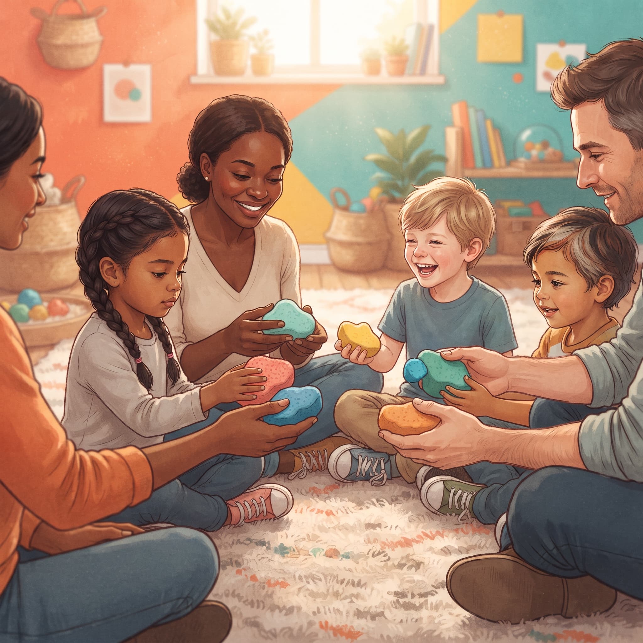 Mãos de adultos e crianças formando círculo de aprendizado com blocos coloridos, representando cuidado integral para pessoas com TEA.