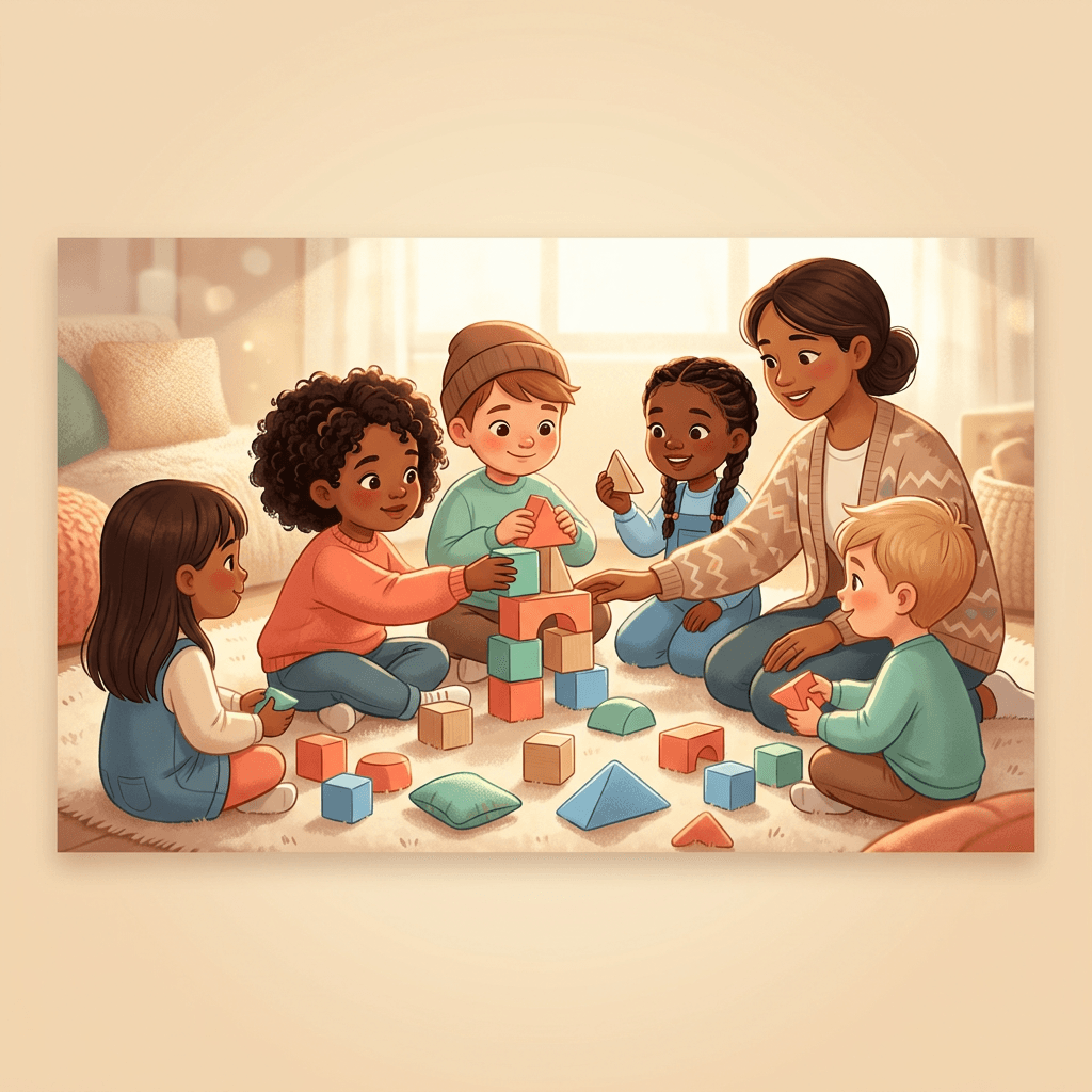 Crianças e cuidador em círculo acolhedor brincando com blocos coloridos, representando desenvolvimento de habilidades sociais em TEA.