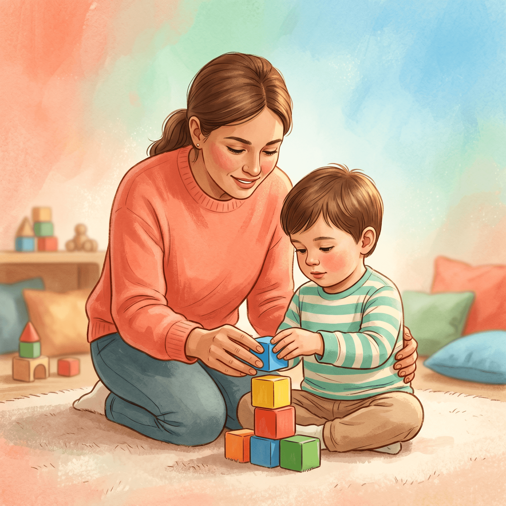 Mãos de cuidador e criança empilham blocos coloridos em cenário acolhedor, representando estratégias parentais em terapia ABA.