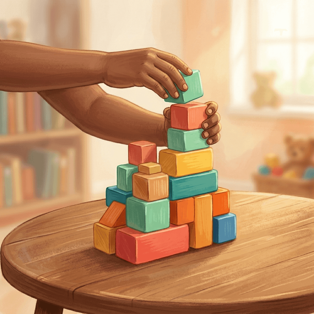 Mãos de criança empilhando blocos coloridos simbolizando o crescimento dos diagnósticos de autismo e a necessidade de cuidado e intervenção