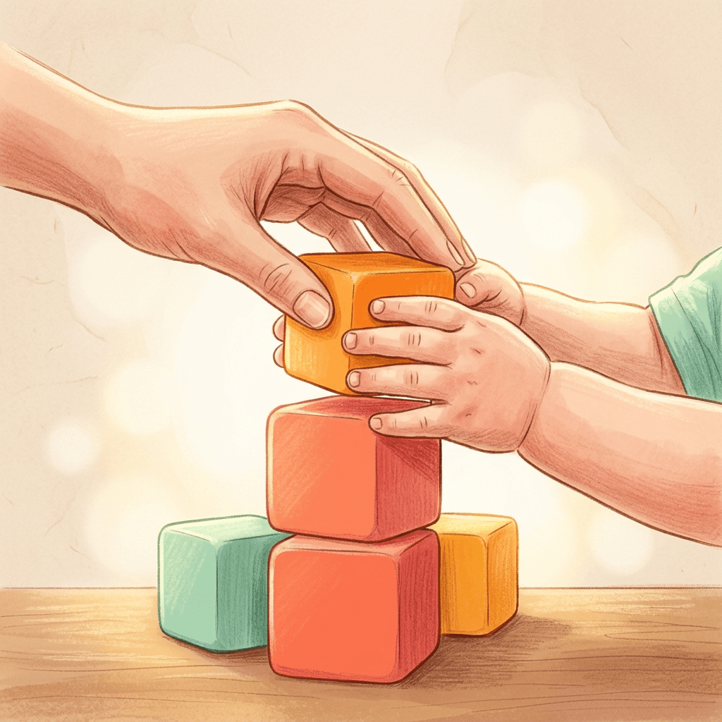 Mãos de adulto e criança empilhando blocos coloridos, simbolizando treinamento prático e acolhedor em terapia ABA.